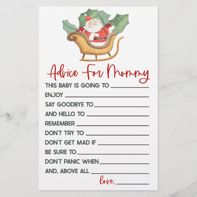 Santa Christmas Advice Baby Shower Game Activity Stationery (Front)
