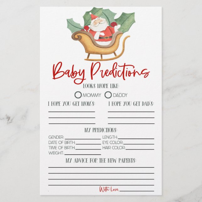 Santa Christmas Baby Shower Predictions Activity Stationery (Front)