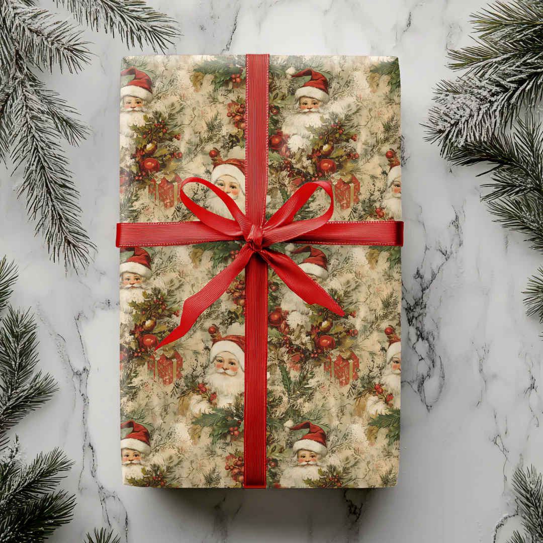Santa Christmas Decoupage Vintage Victorian Wrapping Paper
