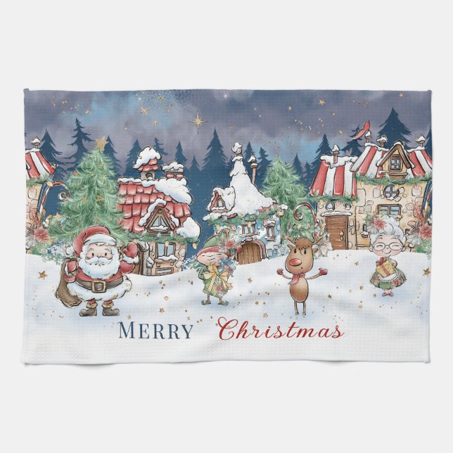 Santa Christmas Elf Rudolph  Kitchen Towel (Horizontal)