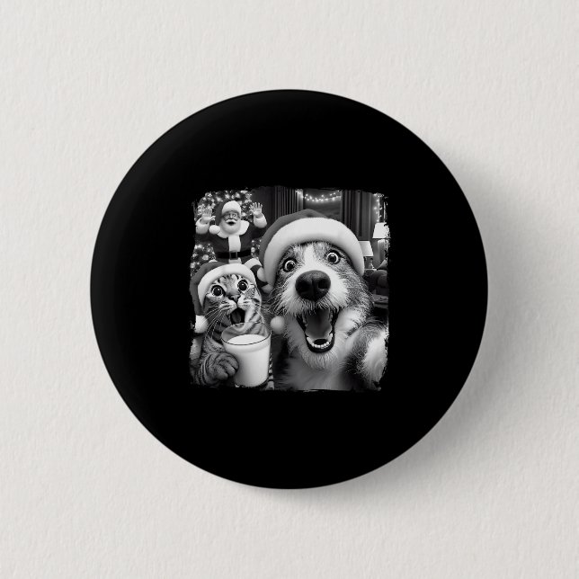 Santa Christmas Funny Cat Taking Selfie Racoon Xma Button (Front)