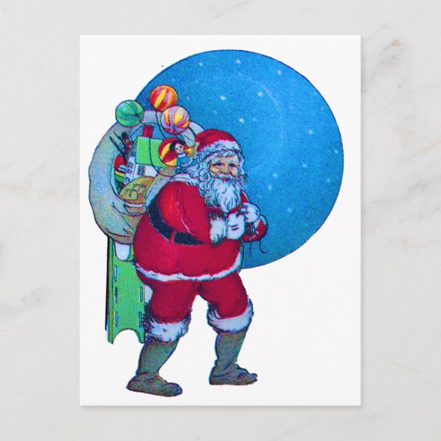 SANTA,CHRISTMAS GIFT SACK AND TOYS IN STARRY SKY   HOLIDAY POSTCARD (Front)
