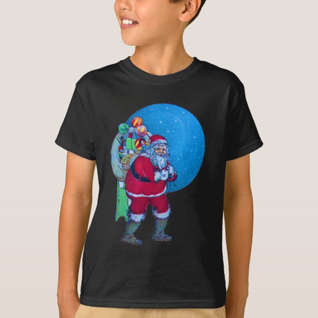 SANTA,CHRISTMAS GIFT SACK AND TOYS IN STARRY SKY   T-Shirt (Front)