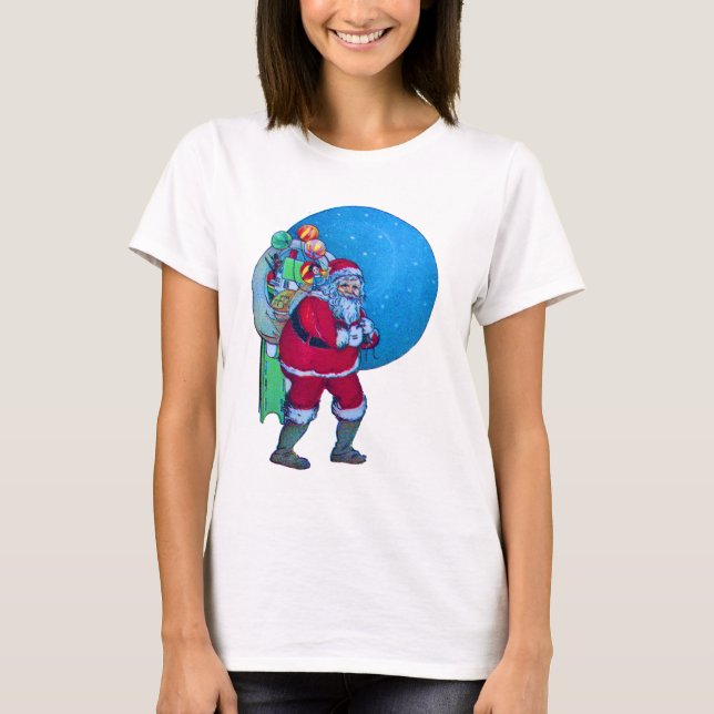 SANTA,CHRISTMAS GIFT SACK AND TOYS IN STARRY SKY   T-Shirt (Front)