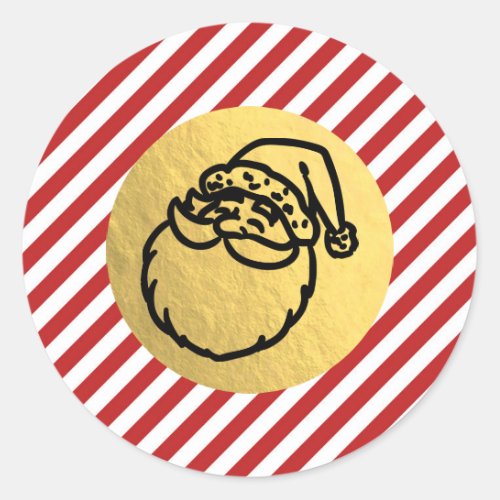 Santa Christmas Holiday Red Stripes Gold Foil Classic Round Sticker