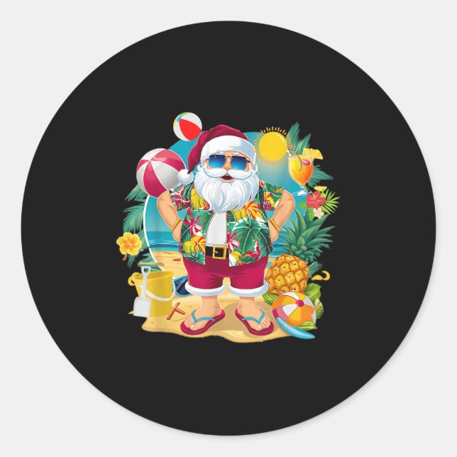 Santa Christmas In July On Beach Hawaiian Summer V Classic Round Sticker (Front)