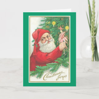 Santa Christmas Joys Decorating Tree Vintage Holiday Card