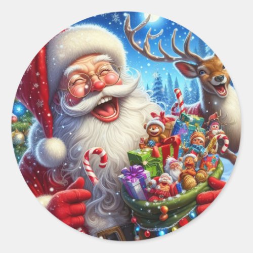 Santa Christmas Laughing Candy Cane Reindeer Classic Round Sticker