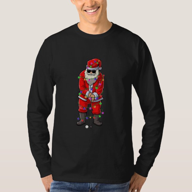 Santa Christmas Lights Playing Golf  T-Shirt (Front)