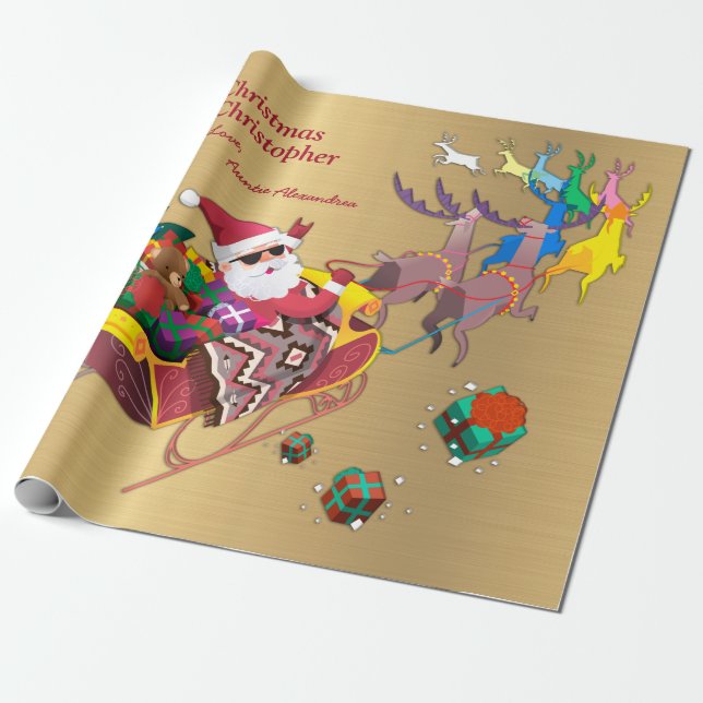Santa Christmas Merry Christmas Sleigh Personalize Wrapping Paper (Unrolled)