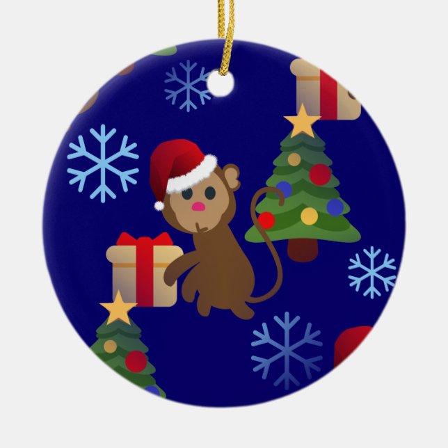 santa christmas monkey emoji ceramic ornament (Front)