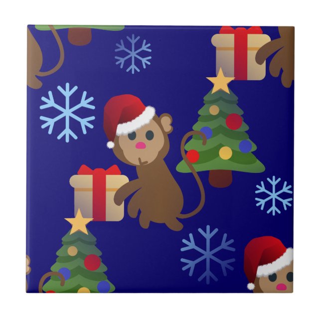 santa christmas monkey emoji ceramic tile (Front)