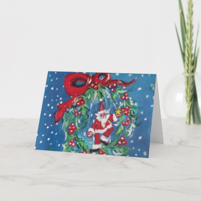 SANTA CHRISTMAS NIGHT CROWN WITH RED RIBBON HOLIDAY CARD (Front)