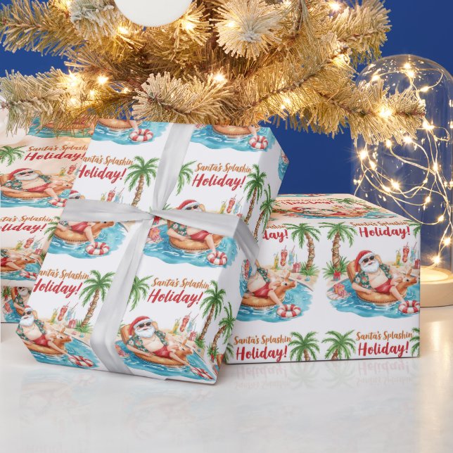 Santa Christmas Party at the pool  Wrapping Paper (Holidays)