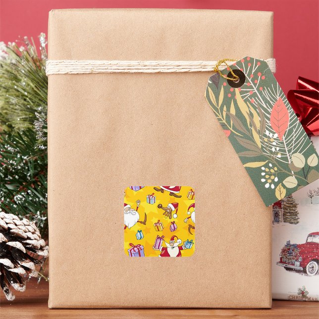 Santa Christmas Pattern with Gifts and Stars Square Sticker (Creator Uploaded)