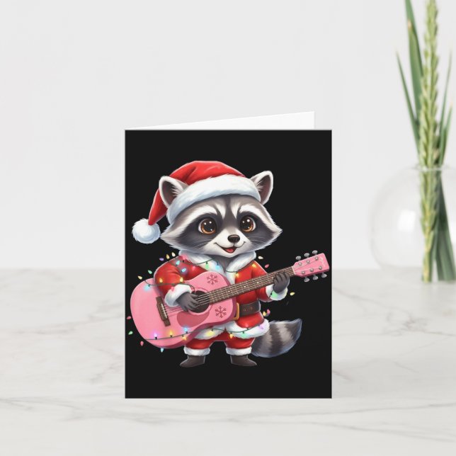Santa Christmas Raccoon Playing Nk Guitar  Card (Front)