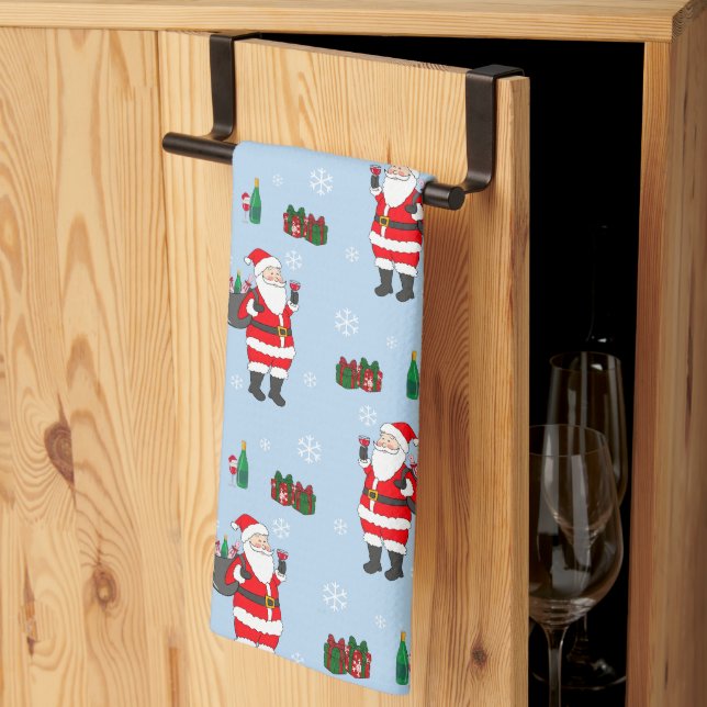 Santa Christmas Red Wine Festive Holiday  Kitchen Towel (Thirds Fold)