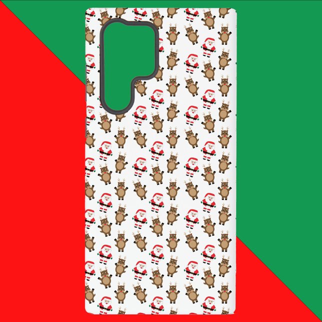 Santa Christmas Reindeer Pattern White Samsung Galaxy Case (A phone case with a pattern of santa and silly reindeer)