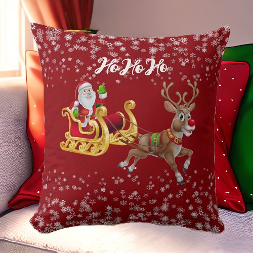 Santa Christmas Reindeer Sleigh Snowflake Red Baby Throw Pillow