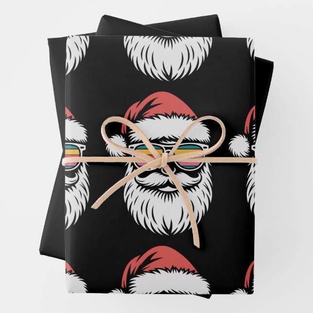 Santa Christmas Retro Sunglasses Xmas Holiday Wrapping Paper Sheets (In situ)