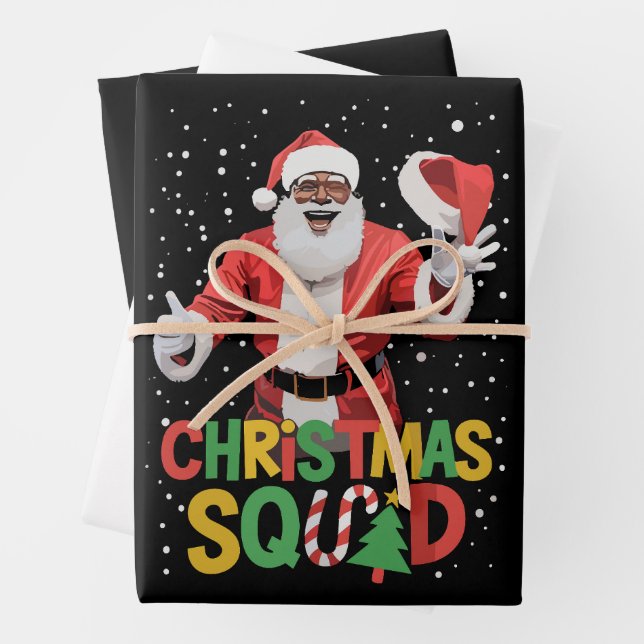 Santa Christmas Squad Black African American Wrapping Paper Sheets (In situ)