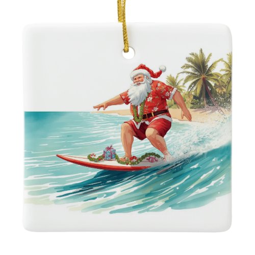 Santa Christmas Surfer Surfing on Big Wave Ceramic Ornament