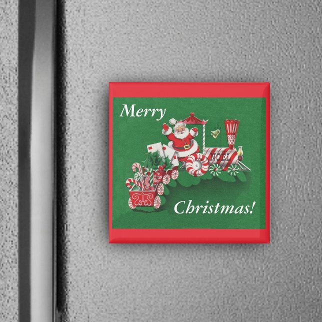 Santa Christmas Train Magnet (Santa on train peppermint candy wheels candy canes on red green Christmas square magnet.)