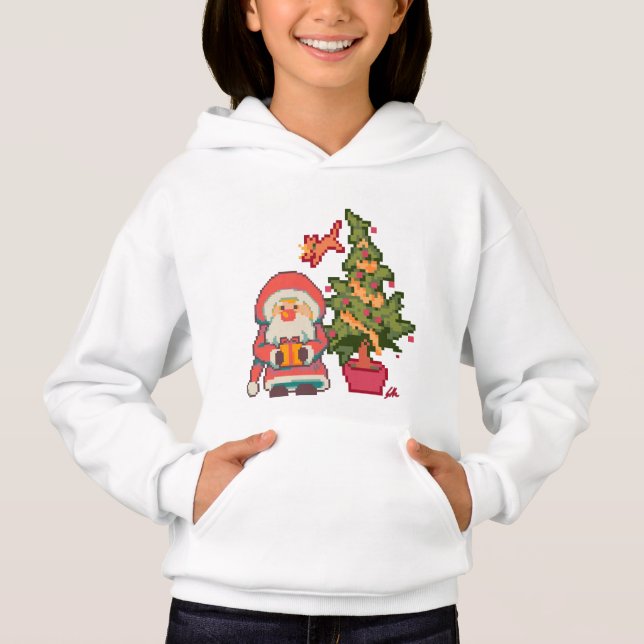 Santa Christmas tree, cat Pixelart, Pixel Art Hoodie (Front)