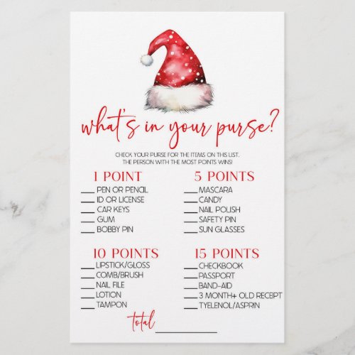 Santa Christmas Whats In Purse Baby Shower Game Stationery