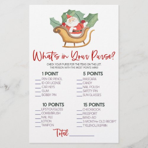Santa Christmas Whats In Purse Baby Shower Game Stationery