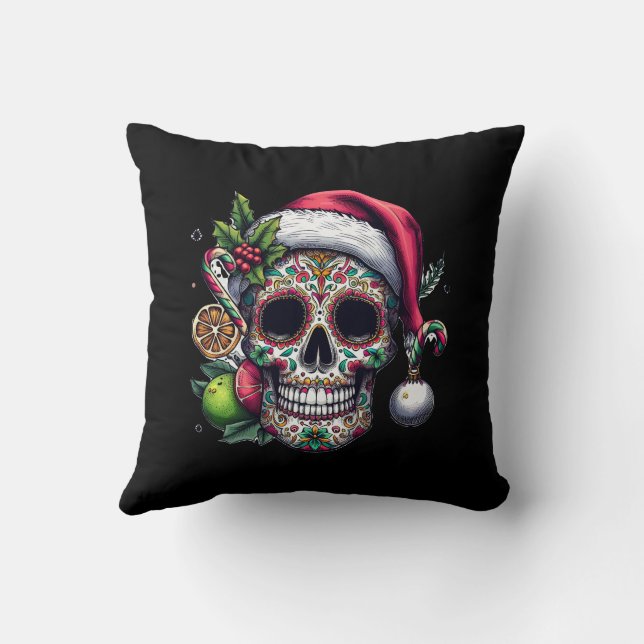 Santa Citrus Skull Magic Happy Throw Pillow (Back)