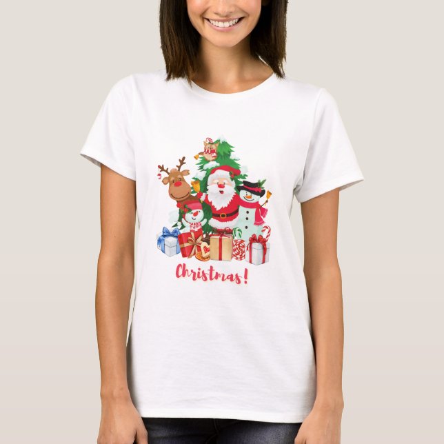Santa Claus, a happy snowman and reindeer on Chris T-Shirt (Front)