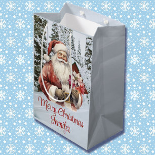 Santa Claus Add Name Winter Snow Christmas Scene Medium Gift Bag