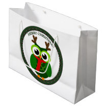 Santa Claus all green Christmas owl Large Gift Bag