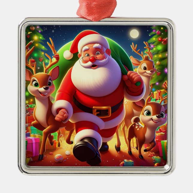 Santa Claus and 2 reindeer illustration Metal Ornament (Front)