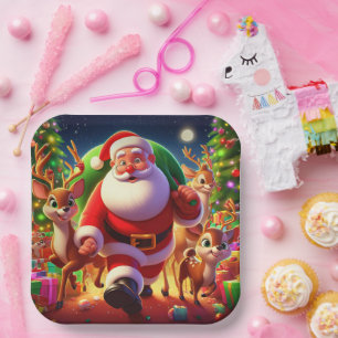Santa Claus and 2 reindeer illustration Paper Plates