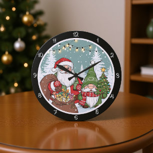 Santa Claus and a Gnome Scene Large Clock