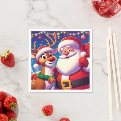 Santa Claus and a reindeer illustration Napkins