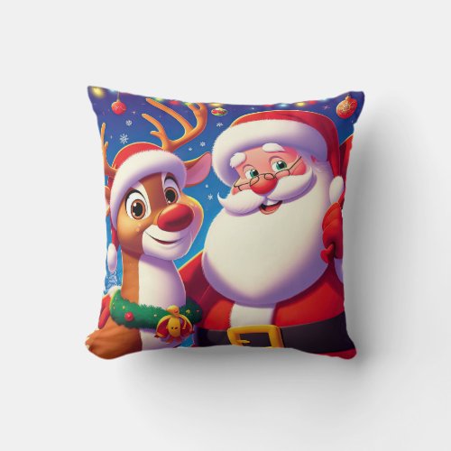 Santa Claus and a reindeer illustration Throw Pillow