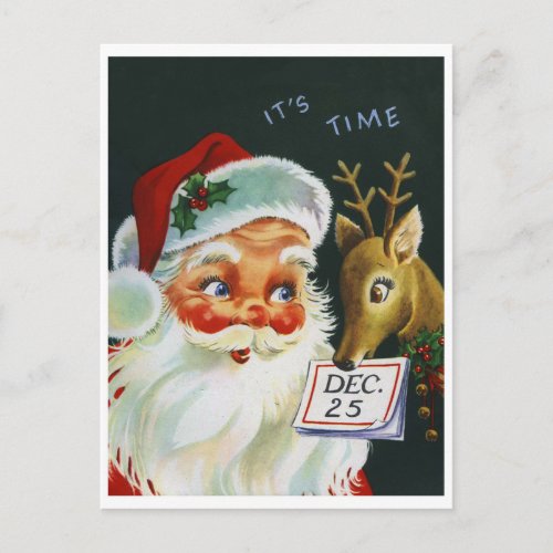 Santa Claus and a reindeer with calendar vintage Postcard
