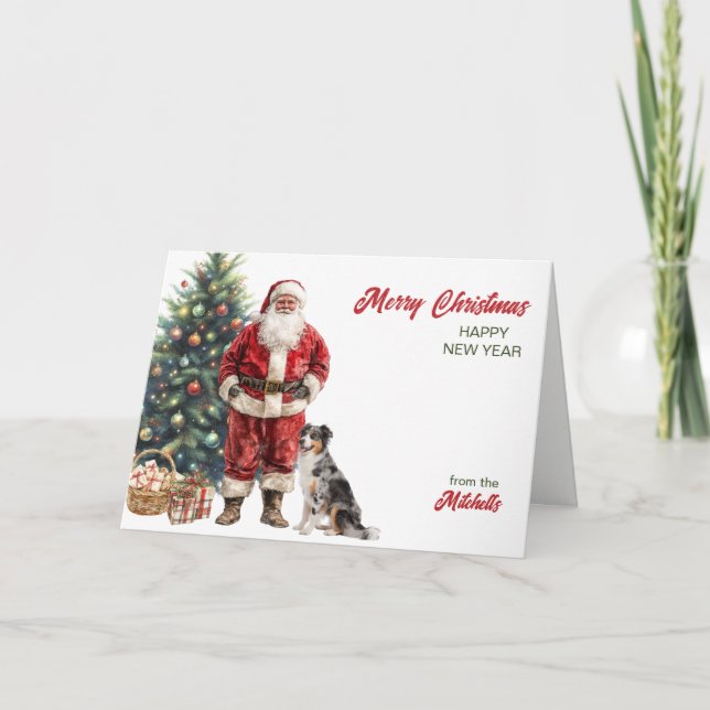 Santa Claus and Australian Shepherd Dog Christmas Holiday Card (Front)
