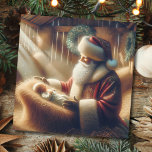 Santa Claus and Baby Jesus Christmas Holiday Card<br><div class="desc">Vintage style Christmas Santa Claus kneeling next to the newborn beautiful baby Jesus art holiday card.  Personalize this with your own message and name on the inside and send this unique and breathtaking card out to friends and family for the holidays.</div>