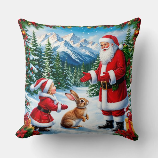 Santa Claus and Child Meeting a Rabbit Throw Pillow (Front)