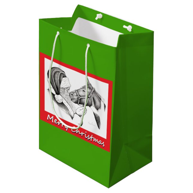 Santa Claus and Christmas Horse Medium Gift Bag (Front Angled)