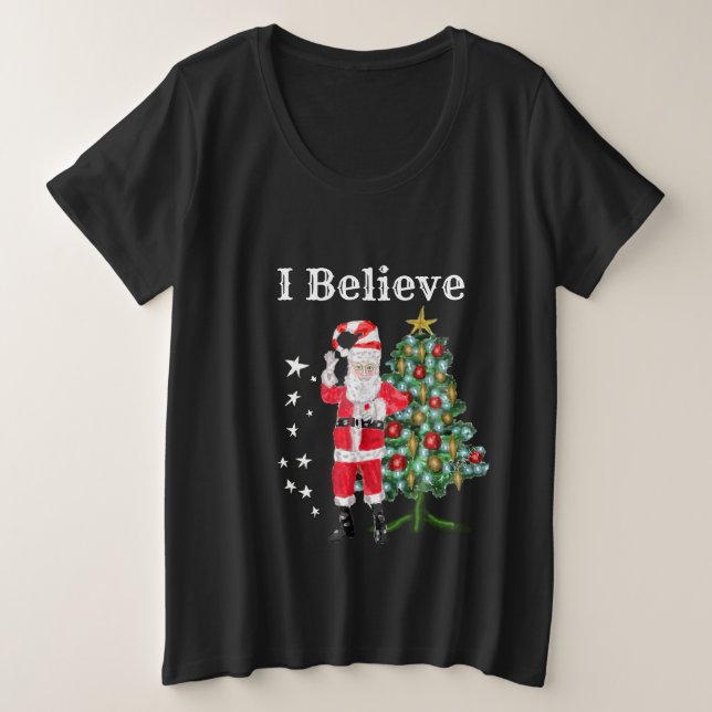 Santa Claus and Christmas Tree (dark shirt) Plus Size T-Shirt (Design Front)