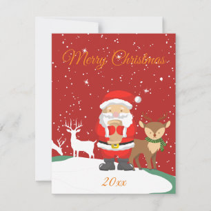 Santa Claus and deer cute retro trendy winter xmas Note Card