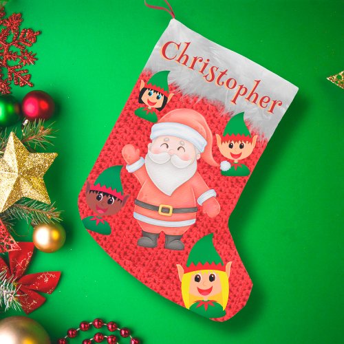 Santa Claus and Elf saying Hi cute adorable name Small Christmas Stocking