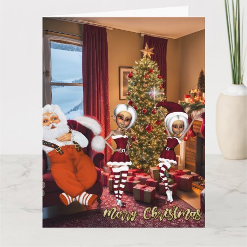 Santa Claus and elves after work Card