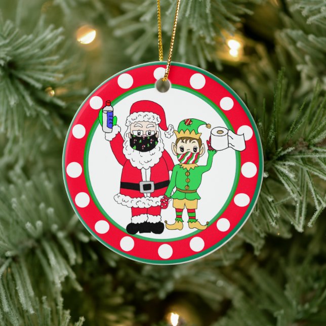 Santa Claus and Elves Facemasks and Toilet Paper Ceramic Ornament (Tree)