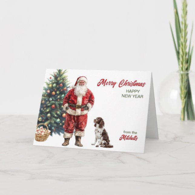 Santa Claus and English Springer Spaniel Christmas Holiday Card (Front)